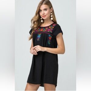 entro Black Mini Dress with Multicolor Floral Embroidery NWT